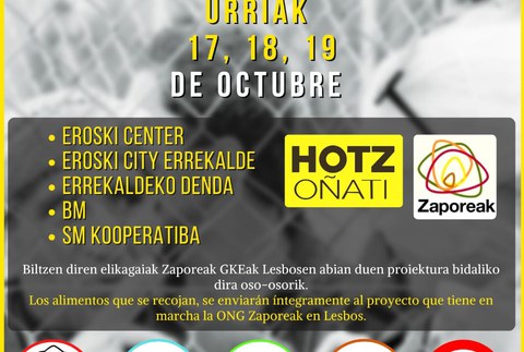 Zaporeak elkartearentzat janari bilketa egingo du Hotz Oñatik urriaren 17tik 19ra